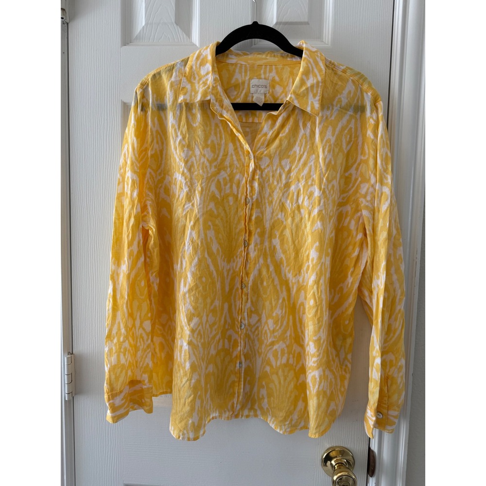 Chico's Yellow Ikat Print 100% Cotton Button Front Shirt Size XL Resort Coastal - Picture 2 of 7